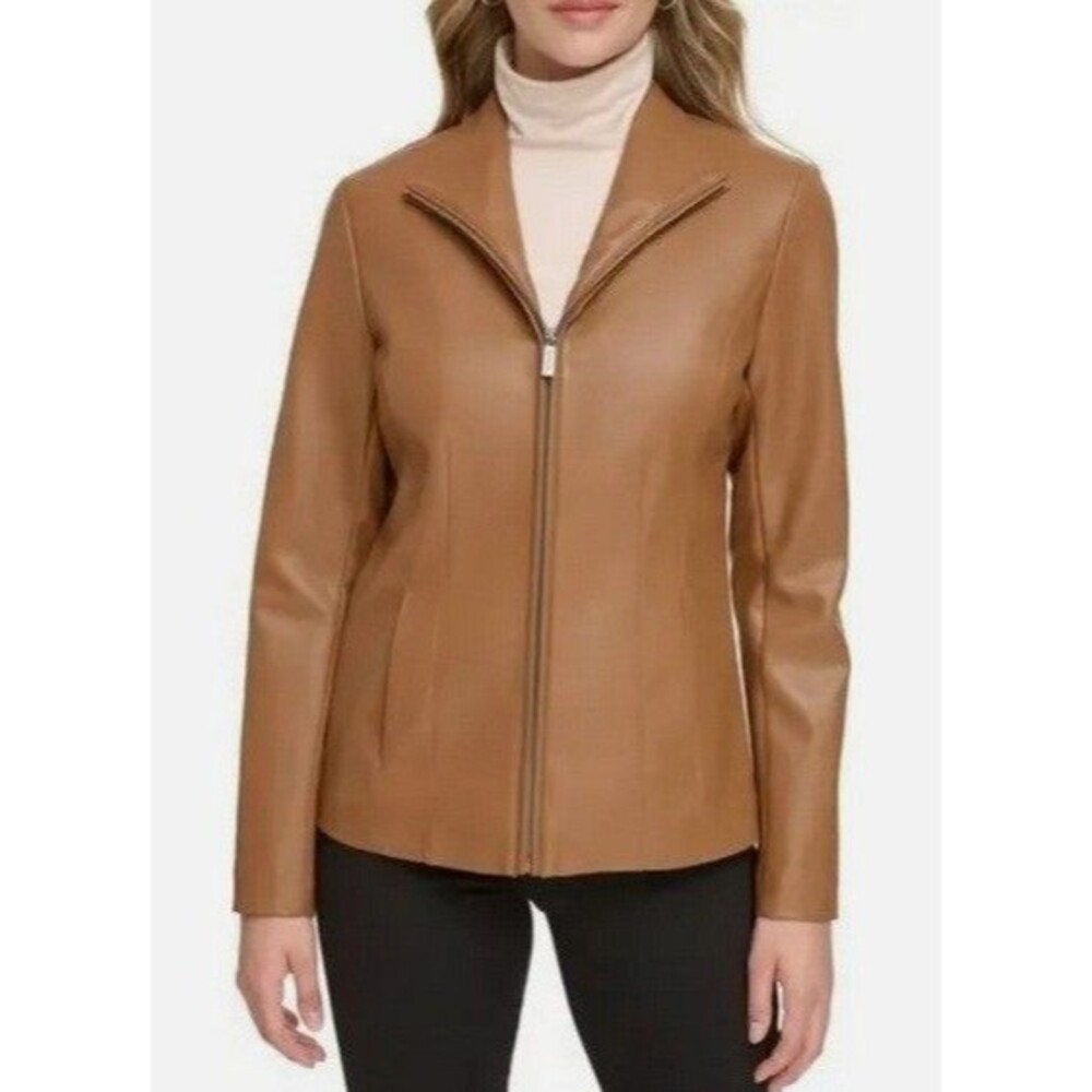 NWT Kenneth Cole Ladies' Faux Leather Full Zip Jacket Brown Size Small